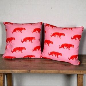 Lot Of 2 Society6 Pink & Red Cheetah Jungle Print Pillows Covers + Inserts 14x14